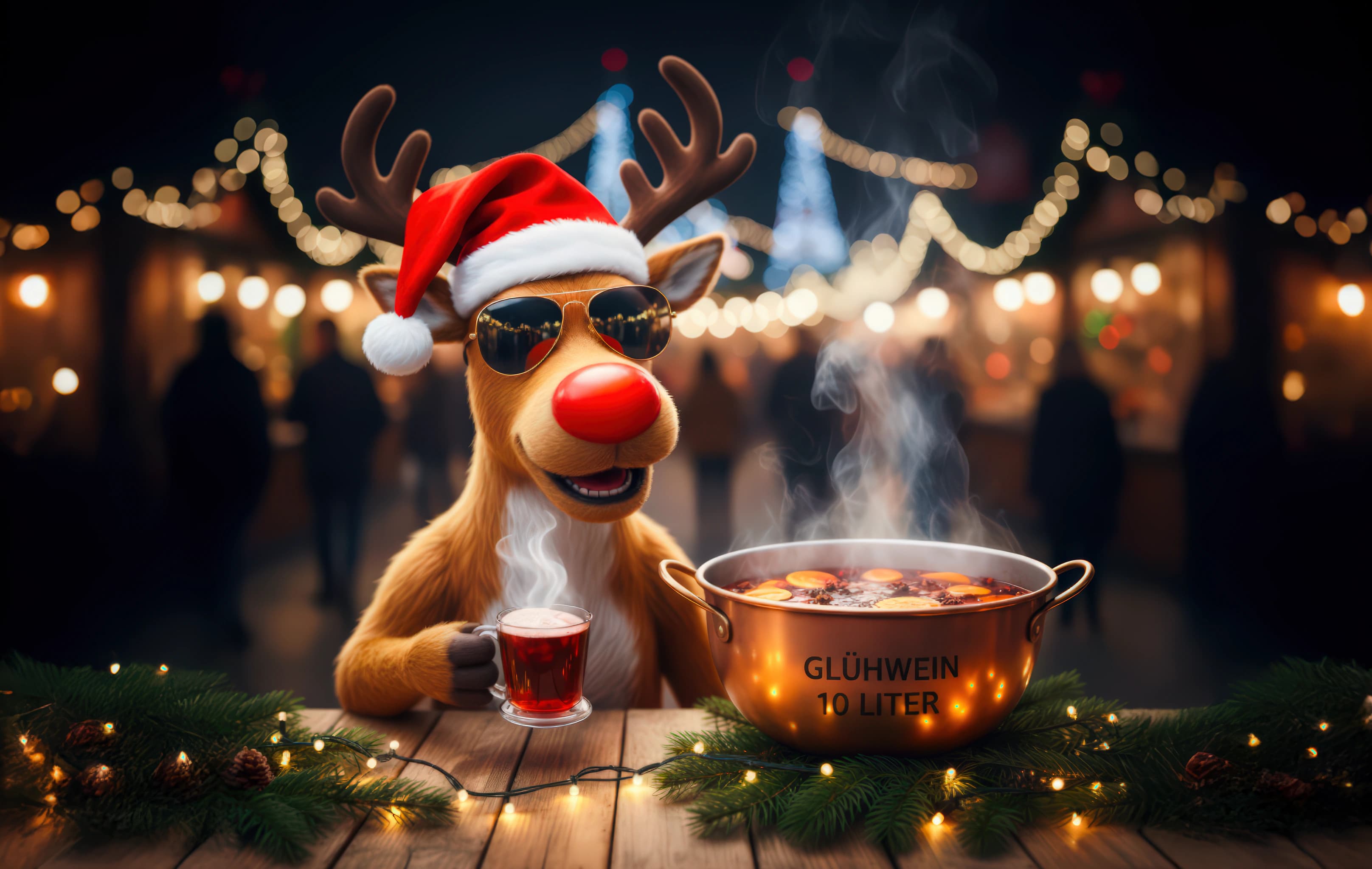Ein Rentier mit Weihnachtsmütze und Sonnenbrille hält einen Becher Glühwein. Neben ihm dampft ein Kupfertopf mit der Aufschrift „Glühwein 10 Liter“, im Hintergrund leuchtet ein Weihnachtsmarkt bei Nacht.